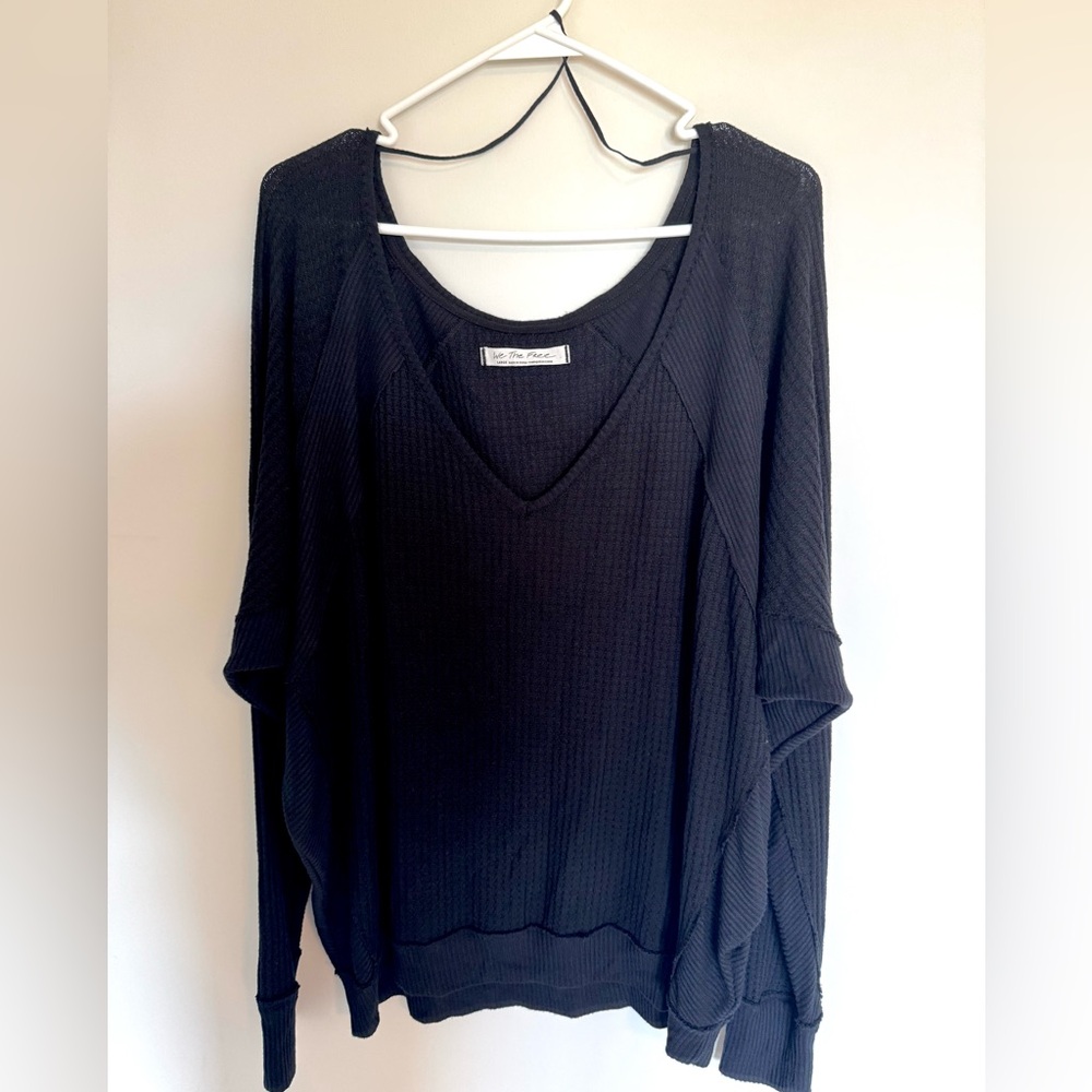 Free People Santa Clara Waffle Knit Dolman Sleeve Top, L, Black